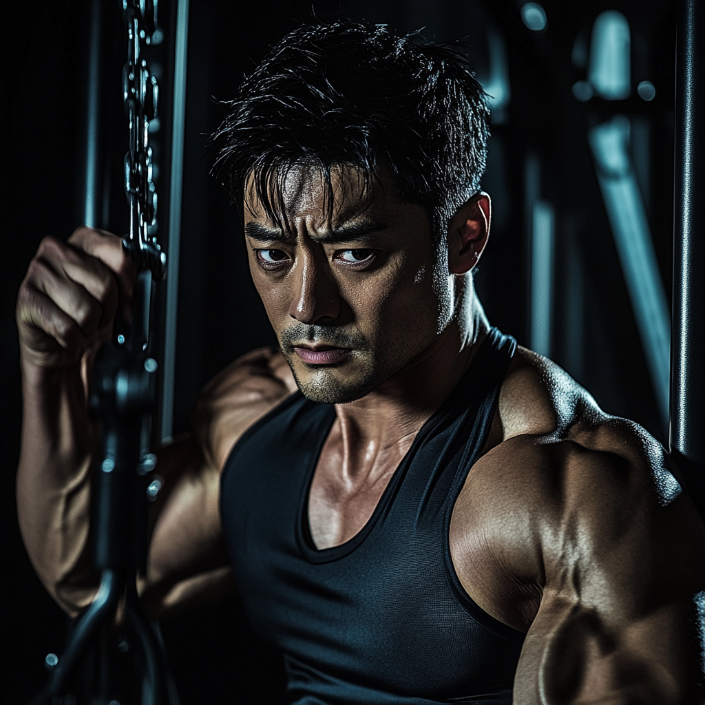 A Japanese man in 30s working out at gym.