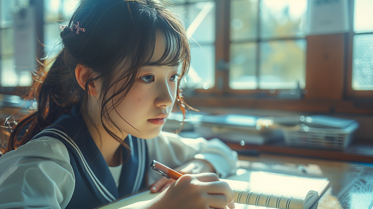 A Japanese schoolgirl writing in a bright classroom.