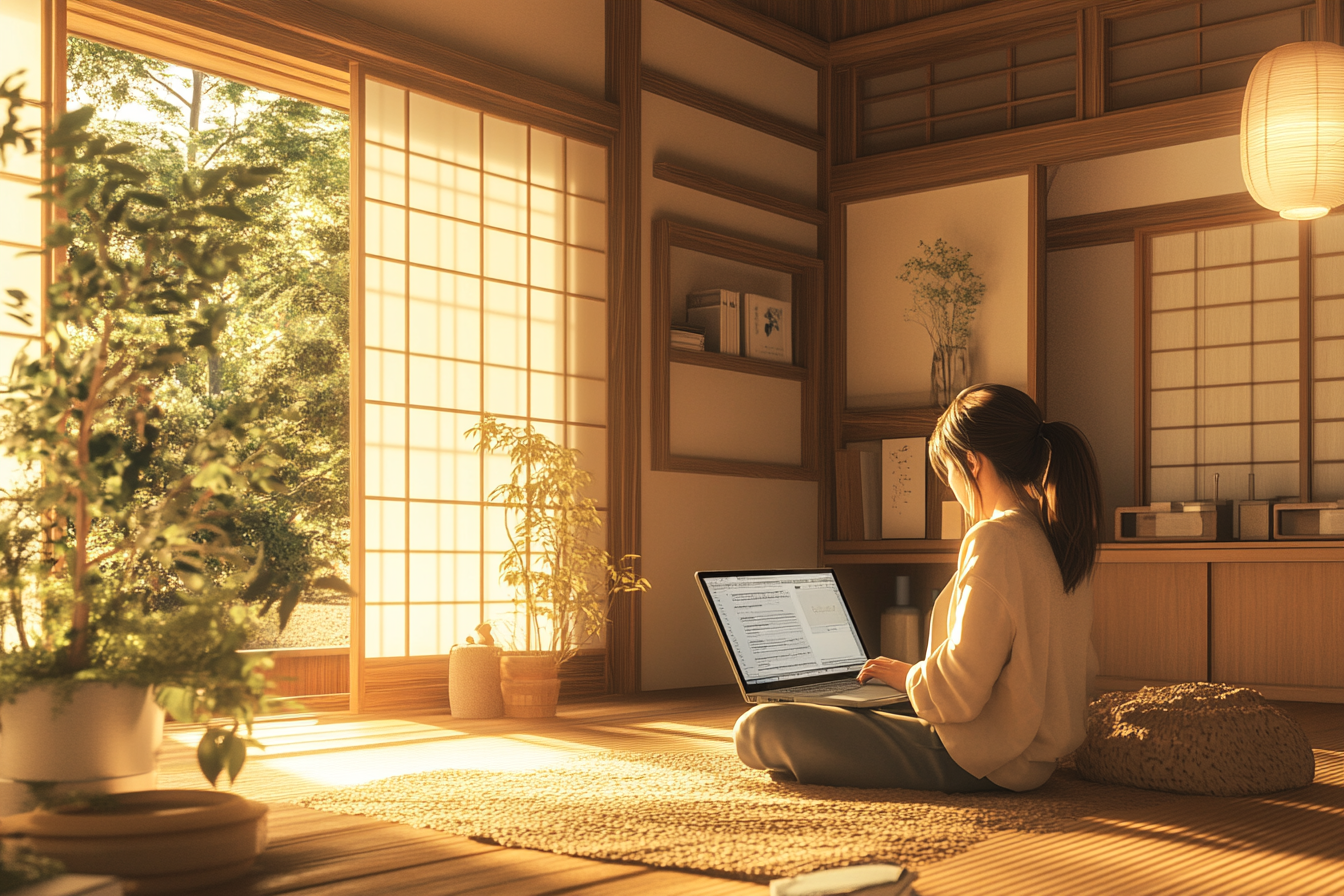 A Japanese woman budgeting on laptop in cozy room