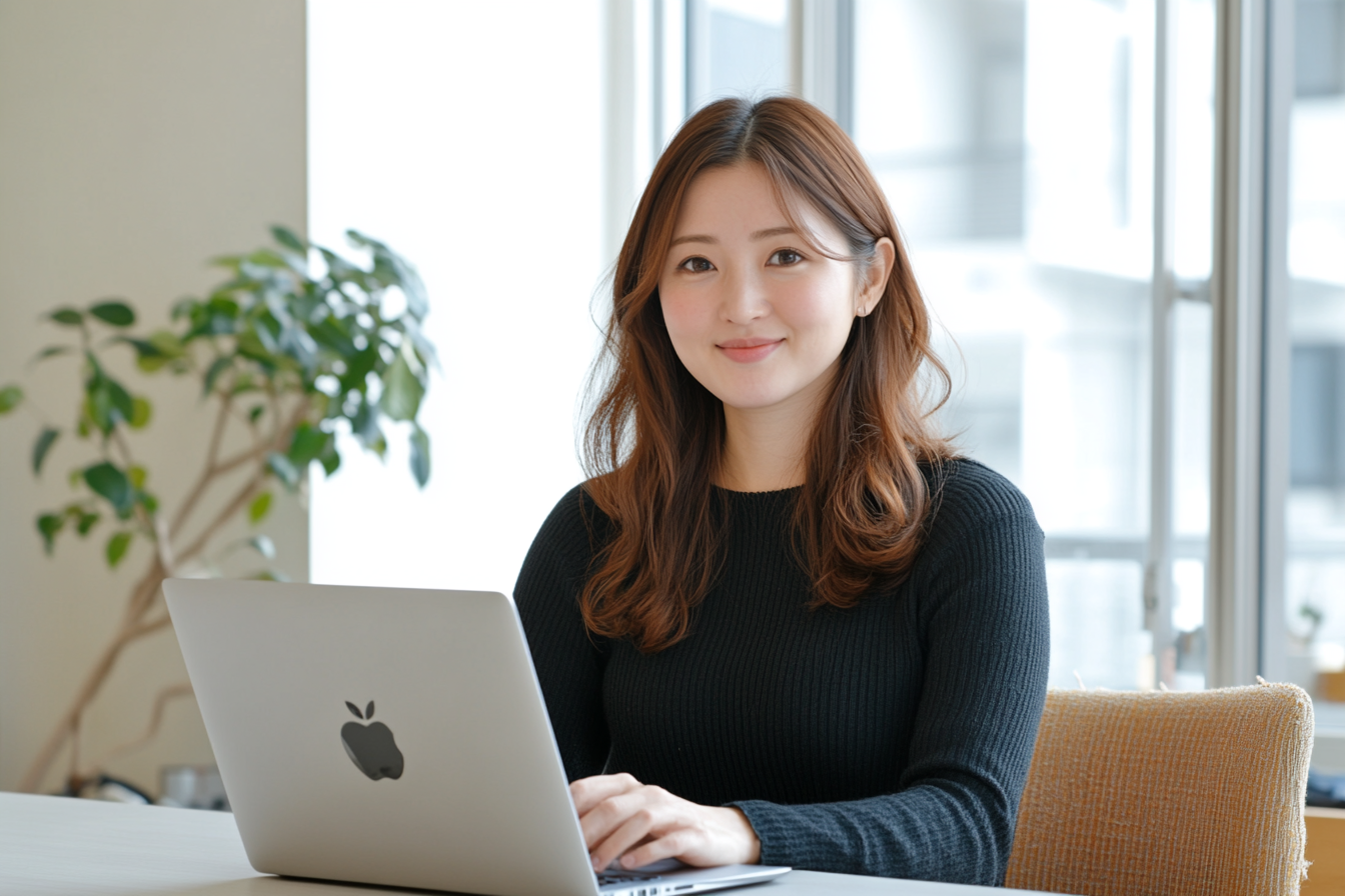 A Japanese woman happily managing finances on laptop