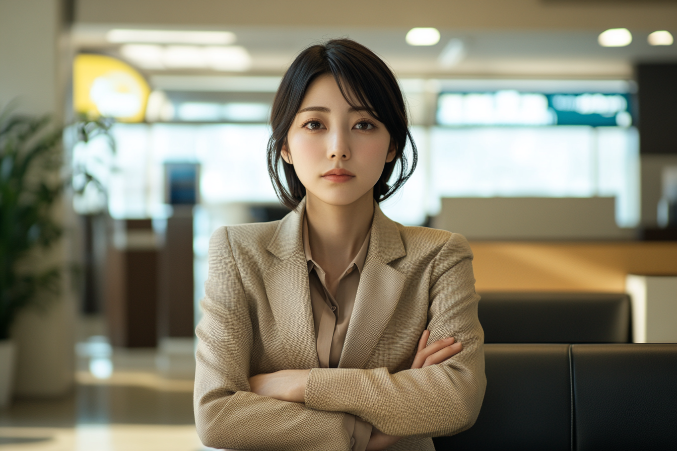 A Japanese woman in a bank office