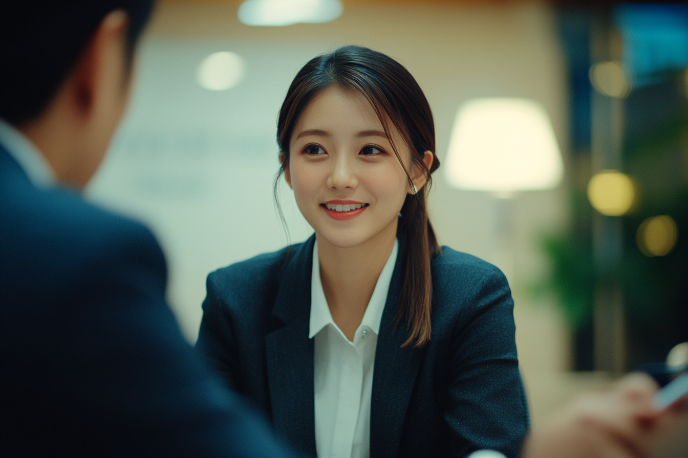 A Japanese woman meeting financial planner, confident smile