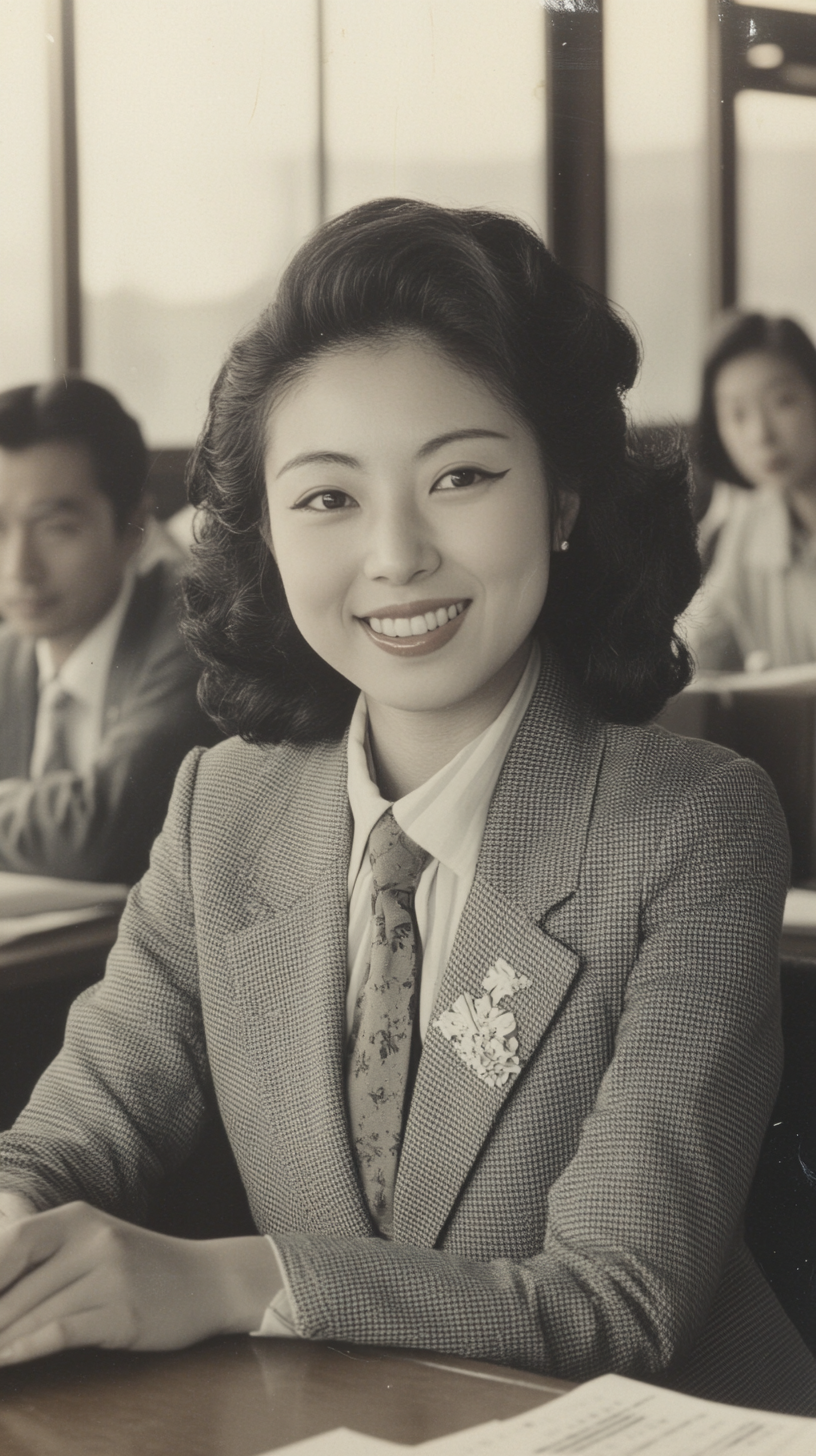 A Japanese woman smiles in a suit