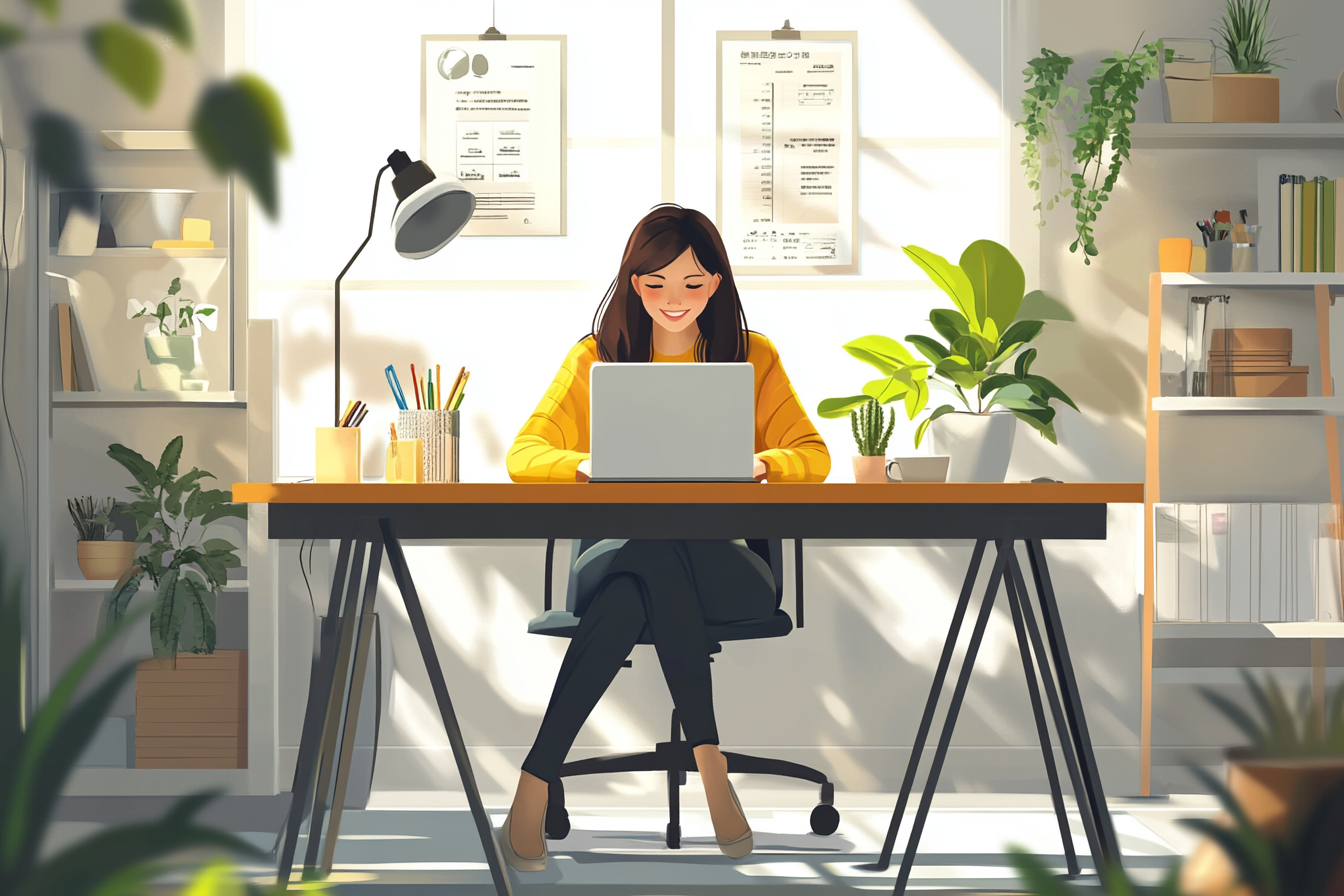 A Japanese woman smiling at laptop in bright room