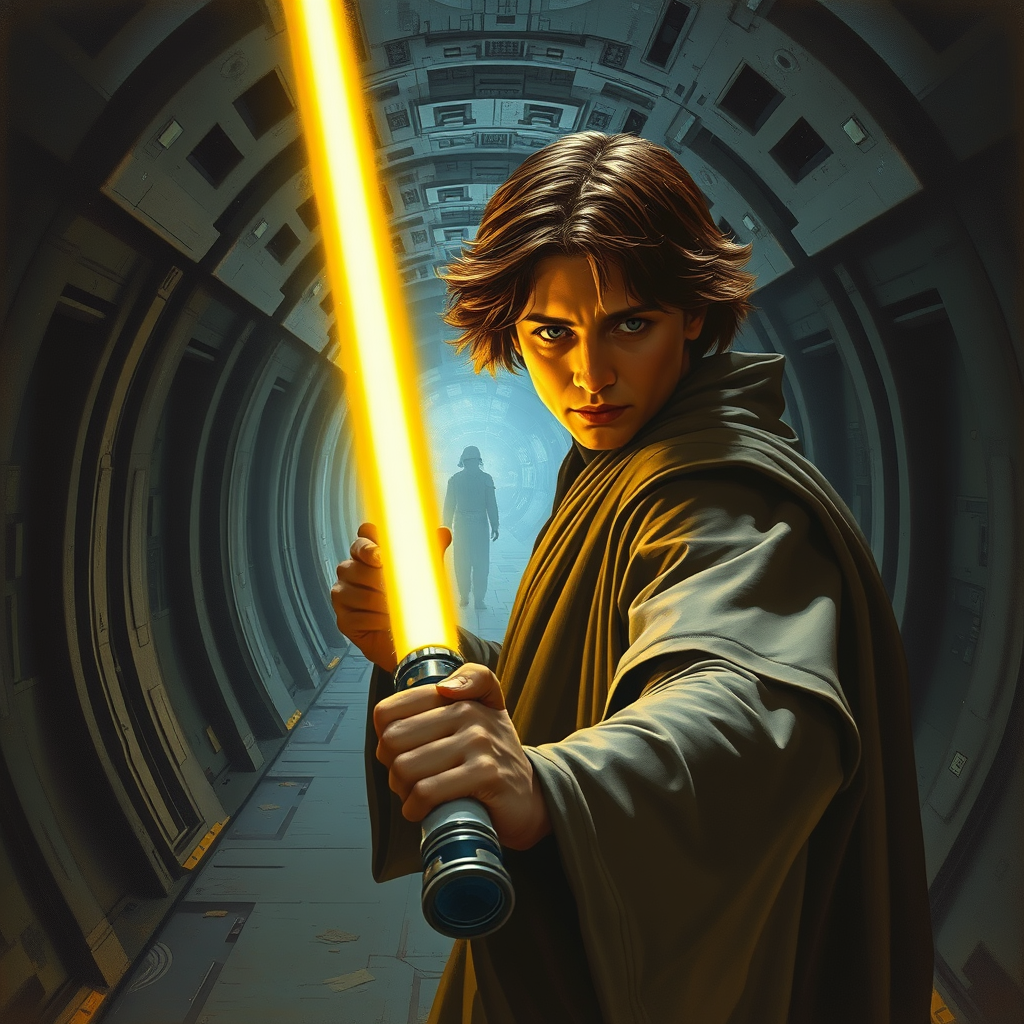 A Jedi Illuminating Gloomy Sith Ship Hallway