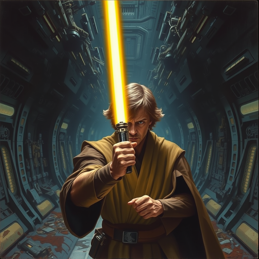 A Jedi Illuminating a Gloomy Sith Ship Hallway