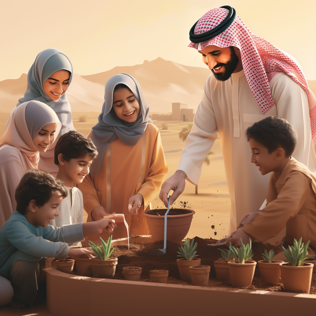 A Joyful Saudi Family Planting Wildflower in Riyadh