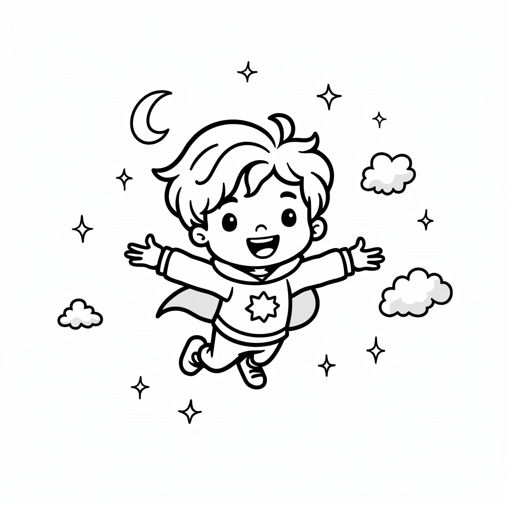 A Joyful Superhero Kid Flying Night Sky