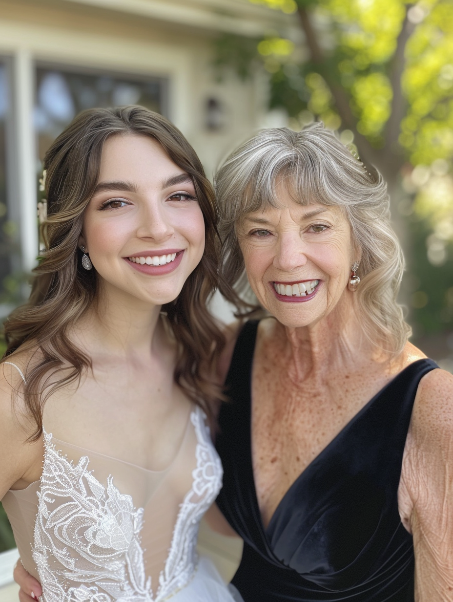 A Joyful Wedding Day: Mom and Daughter Outside