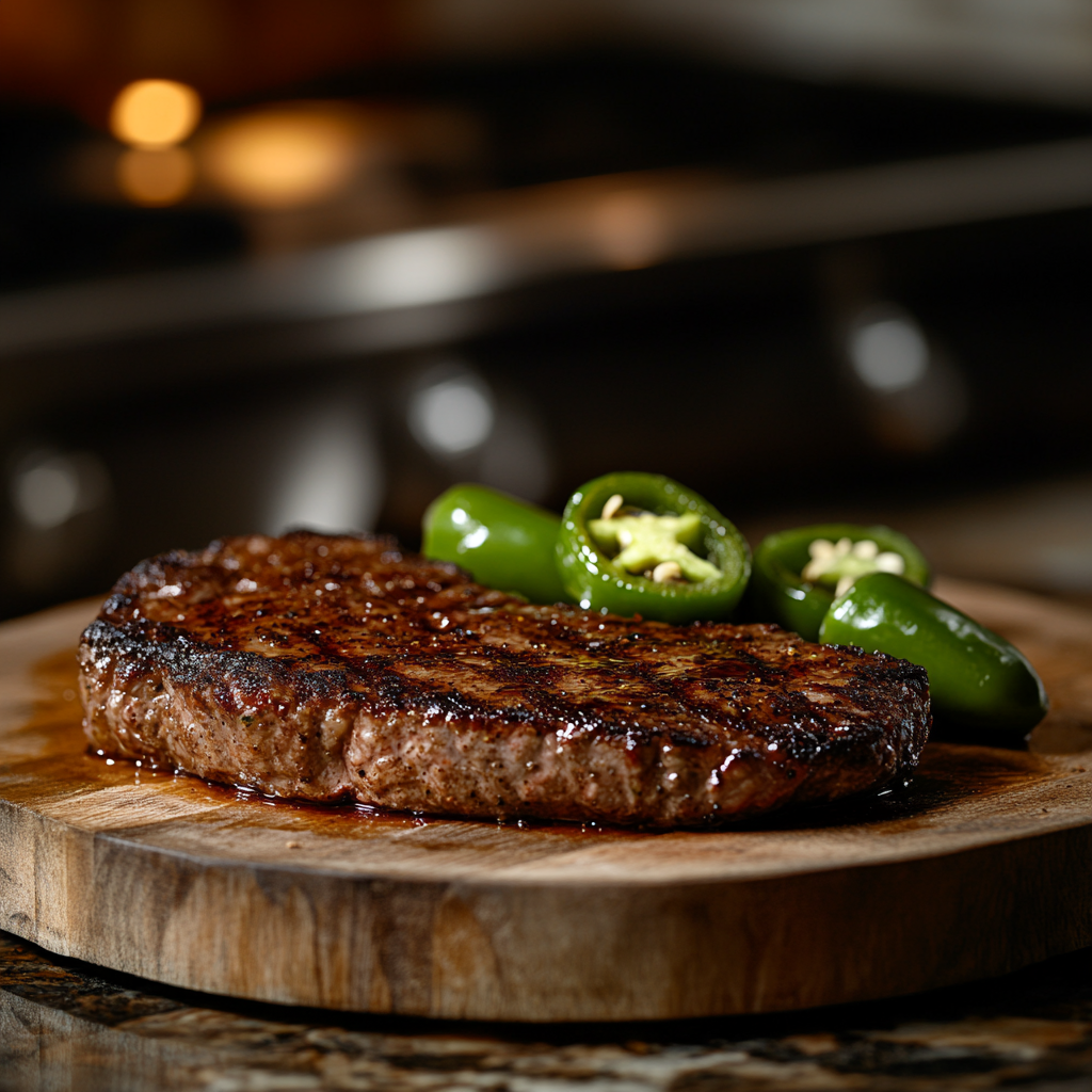 A Juicy Steak and Spicy Peppers on Platter