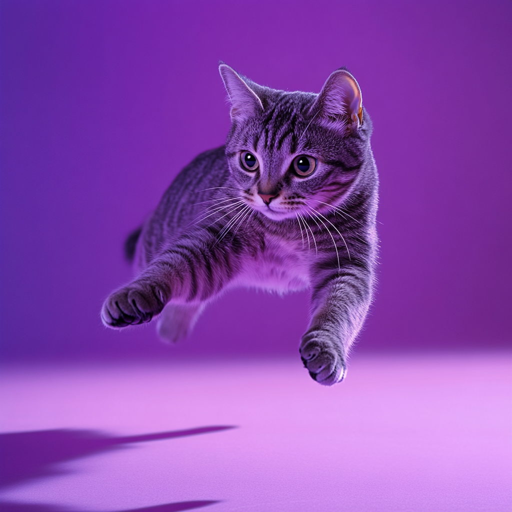 A Jumping Tabby Cat Catching Toy in Spotlight