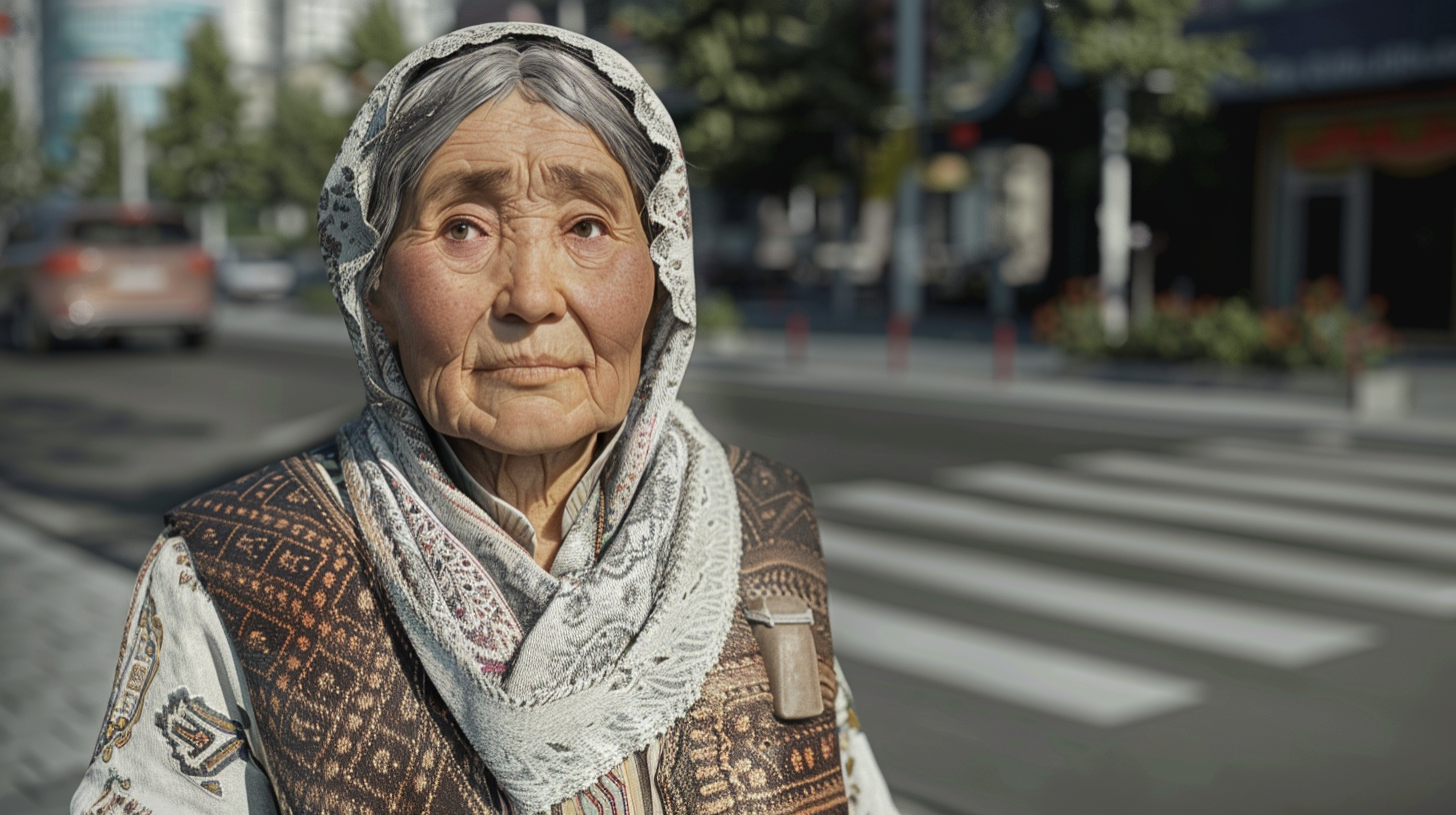 A Kazakh grandmother in traditional-modern attire conveys warmth.