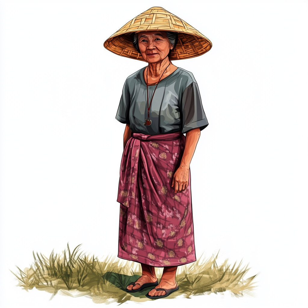 A Khasi woman farmer wearing traditional bamboo hat.