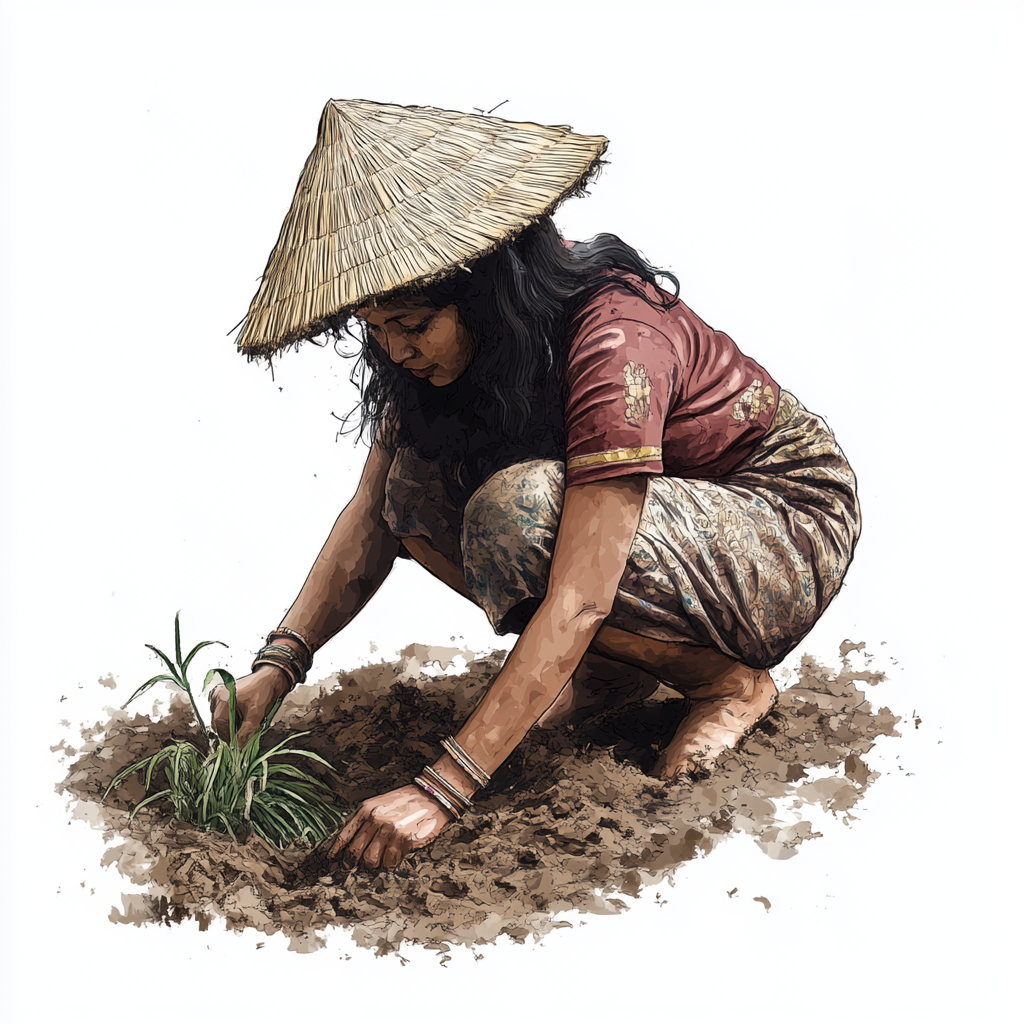 A Khasi woman wearing traditional bamboo hat farming.