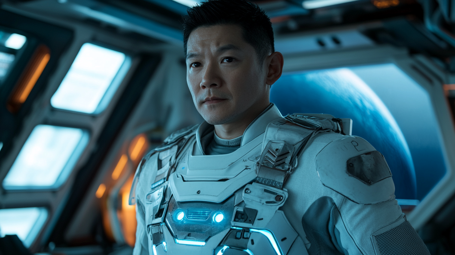 A Kind Asian Astronaut in a Futuristic Spaceship