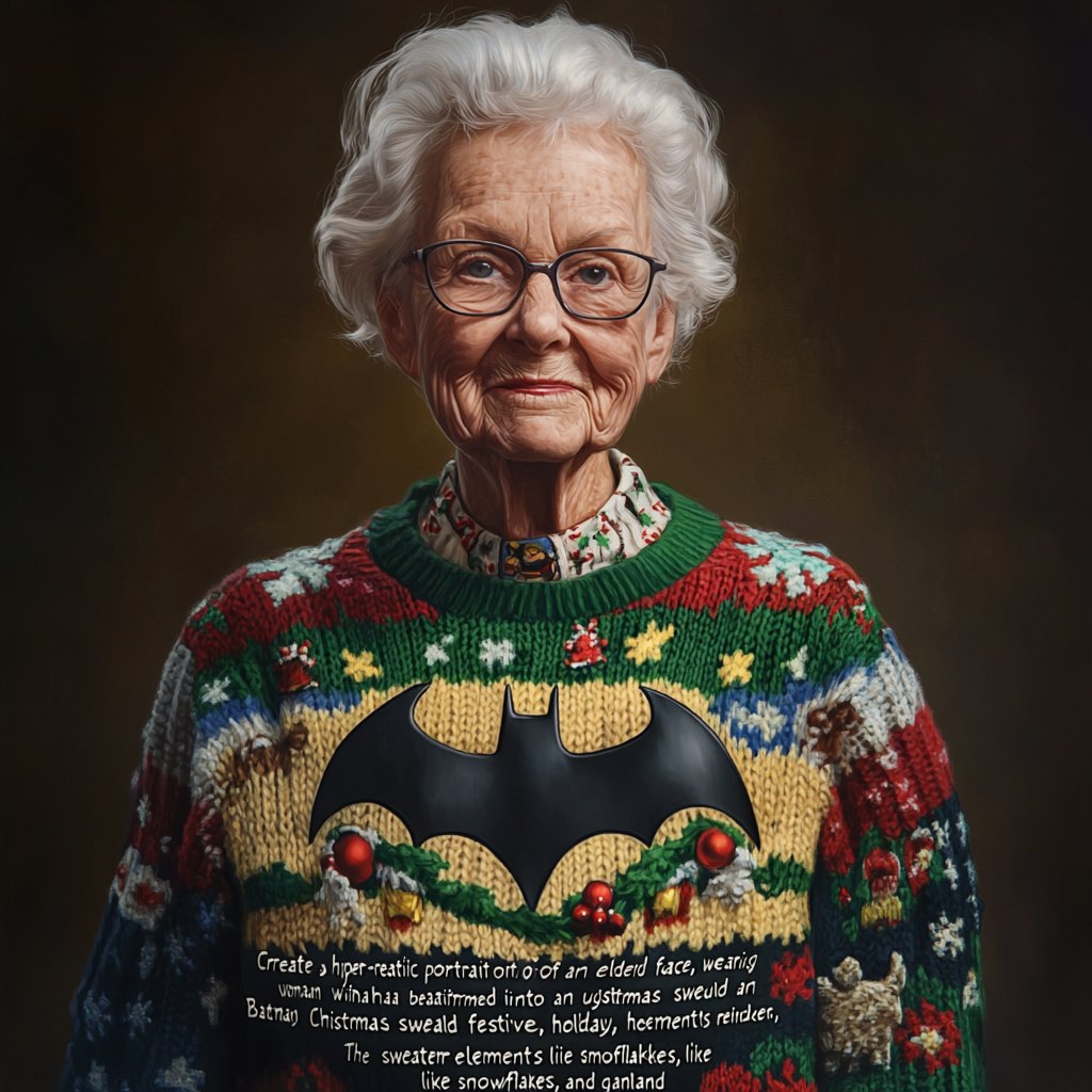 A Kind Elderly Woman in Festive Batman Sweater