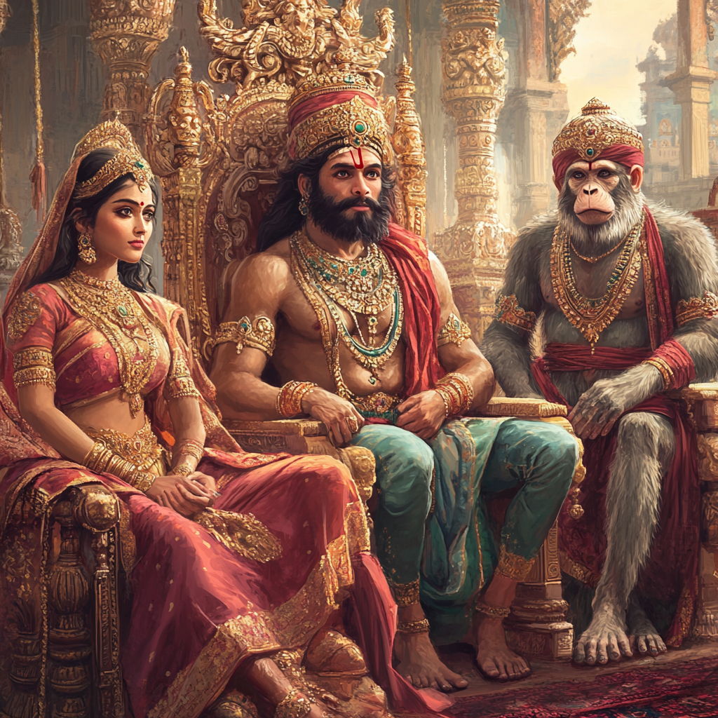 A King, a Lady, and a Monkey-faced Hanuman