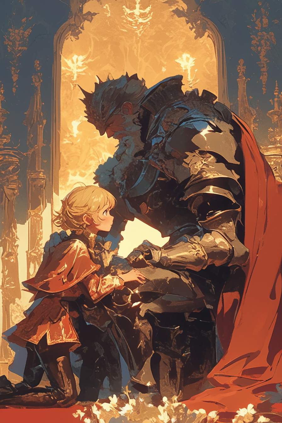 A Knight Kneeling before King in Armor