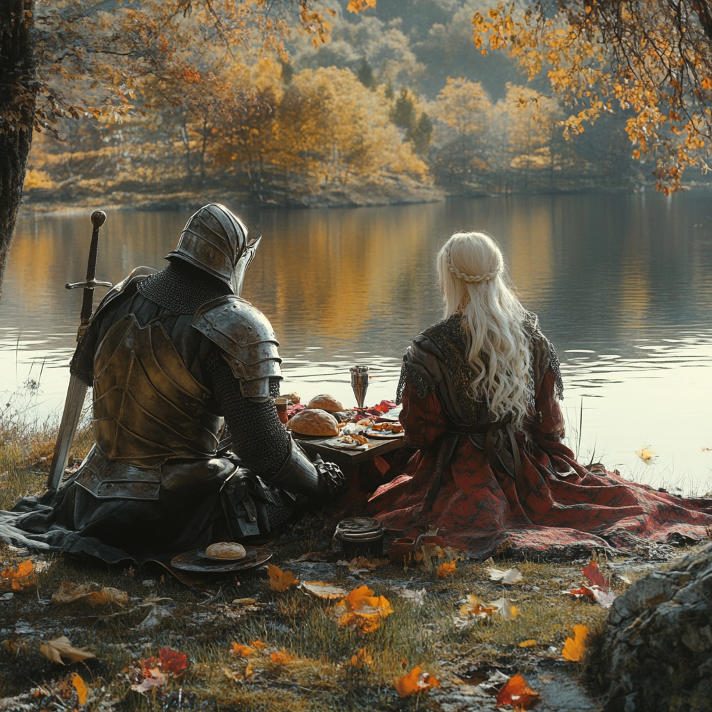 A Knight and Lady having picnic by lake