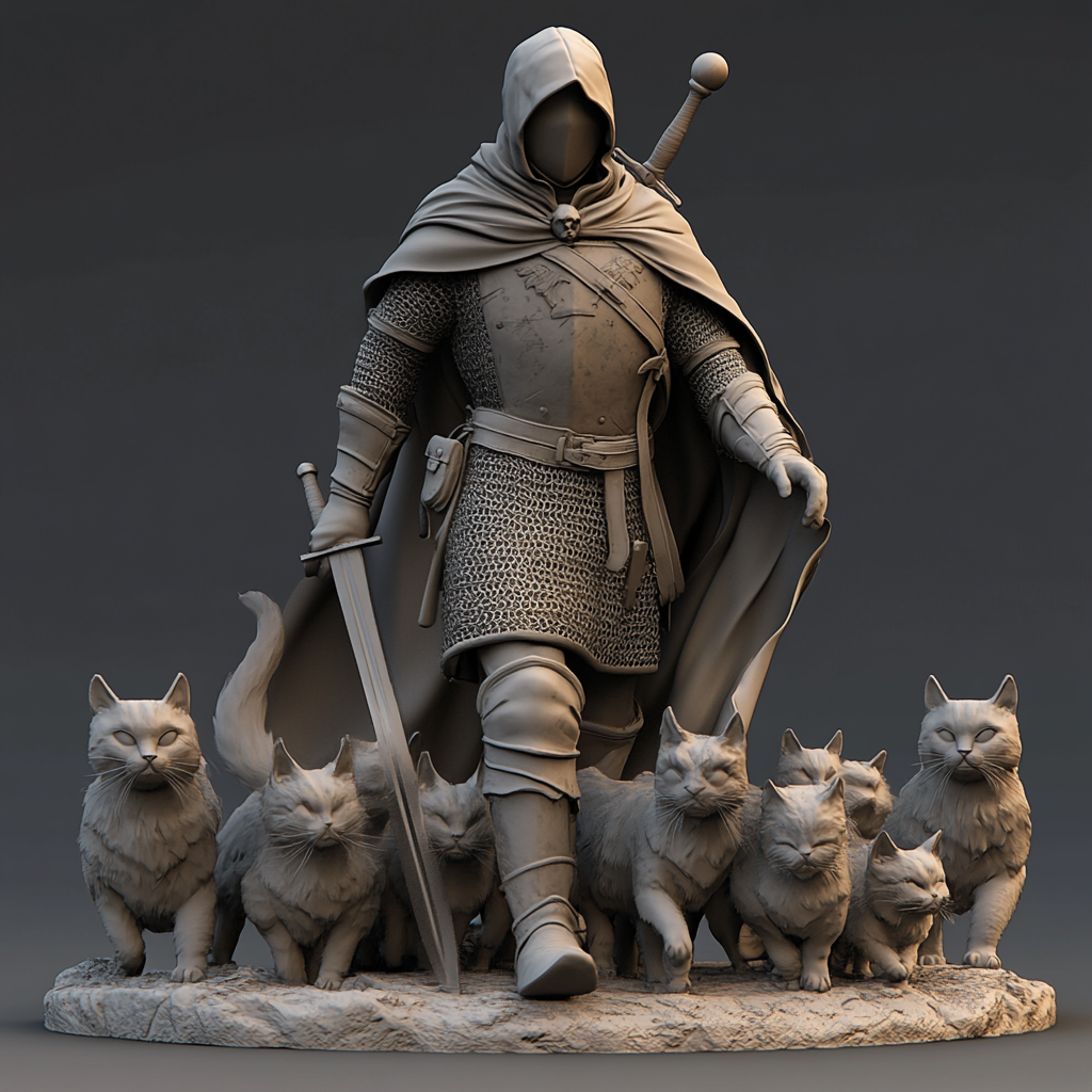 A Knight with Sword followed by Cats