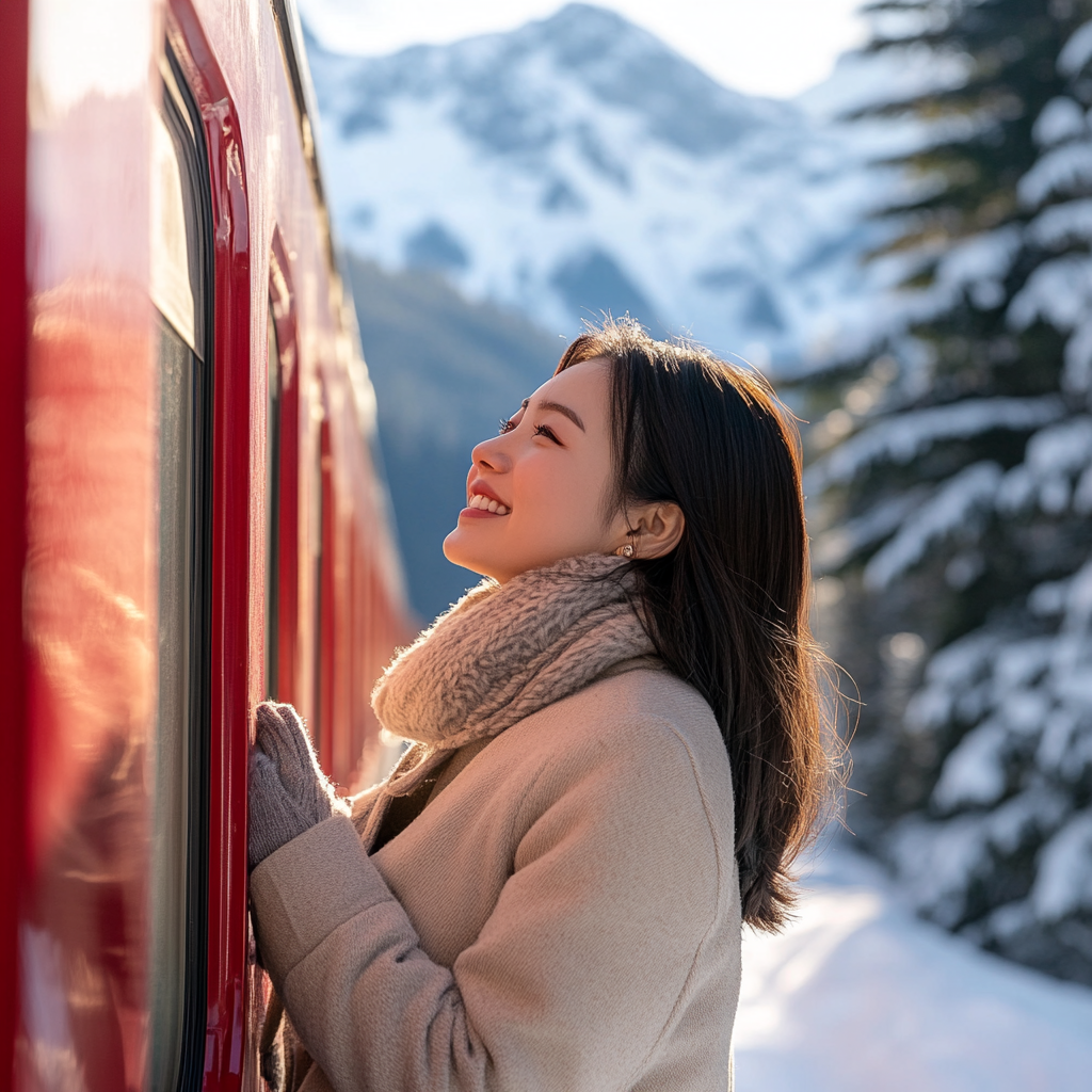 A Korean Girl Smiling on Red Train