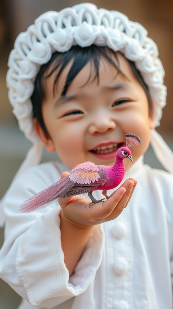 A Korean child holds tiny pink peacock.