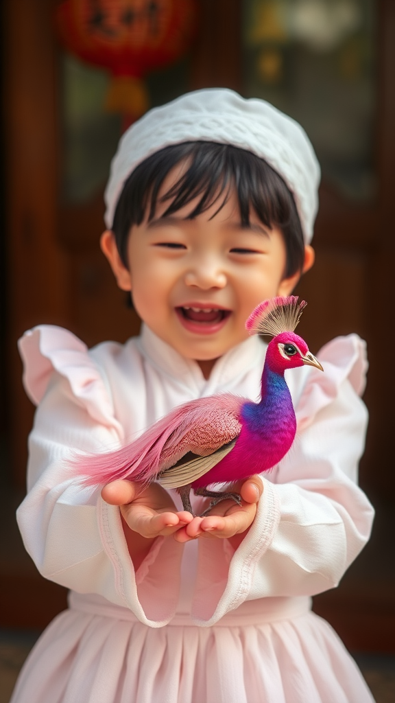 A Korean child laughing holds a tiny pink peacock.