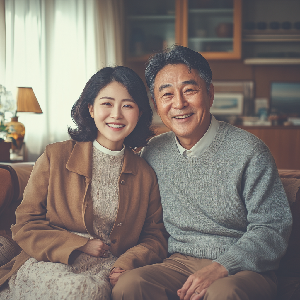 A Korean family in the living room smiling