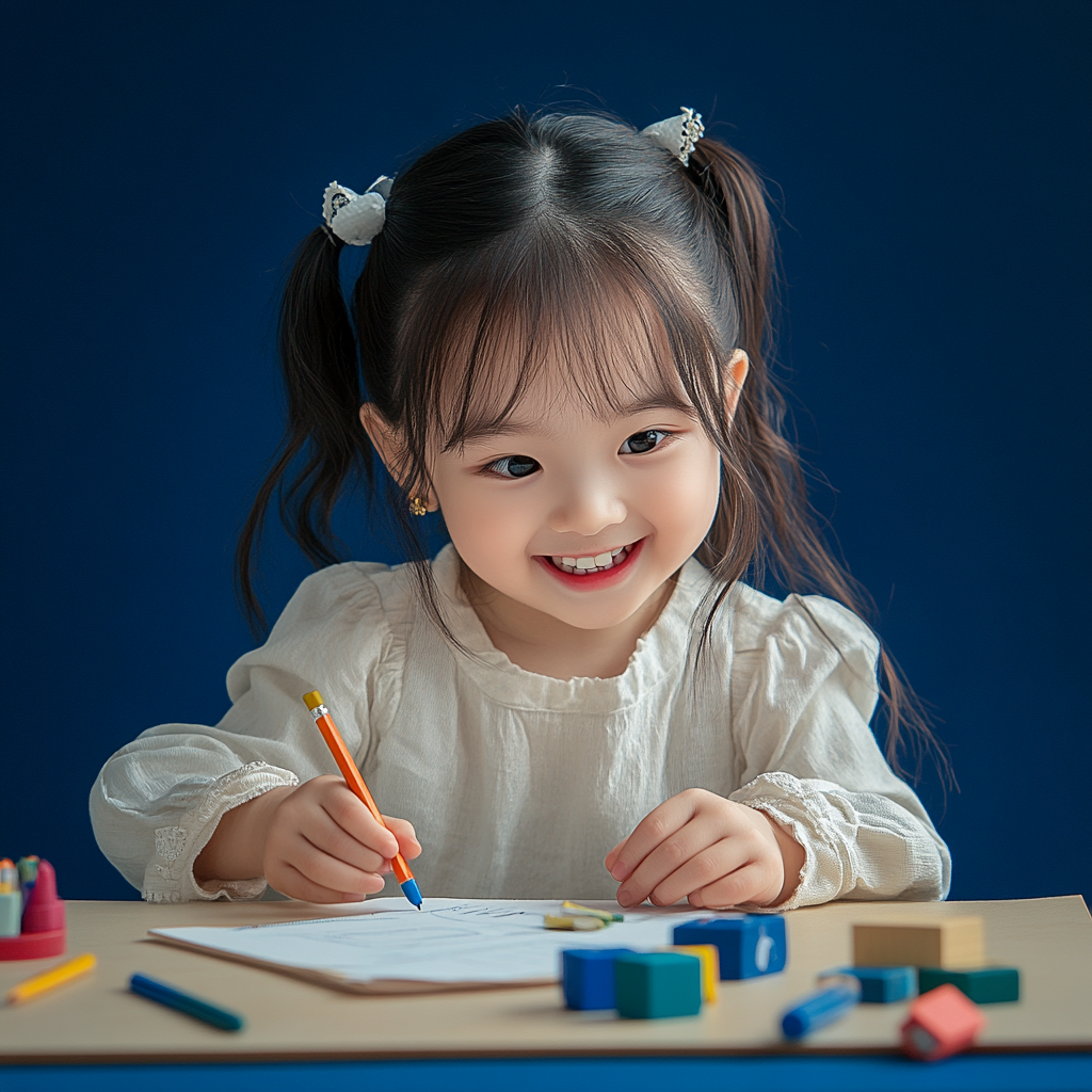 A Korean girl doing homework with school supplies