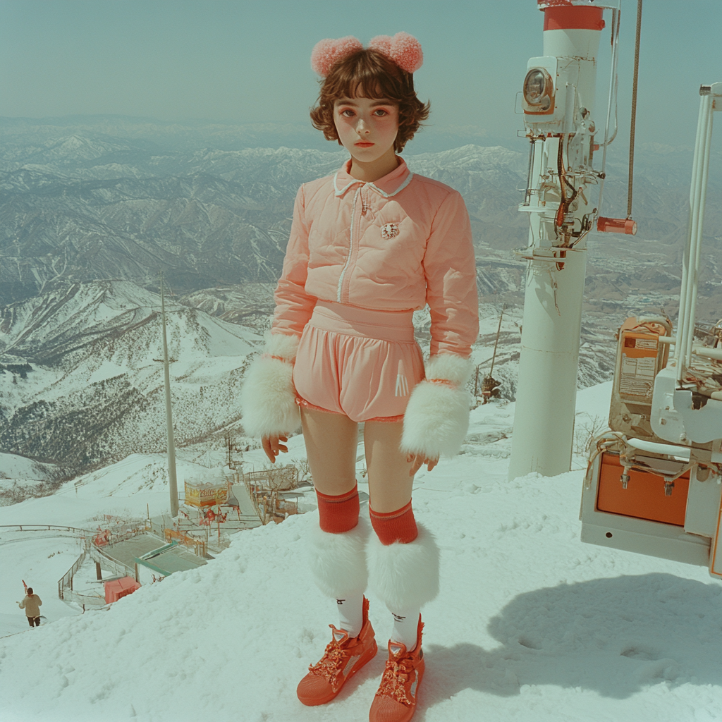 A Korean girl in swimwear standing on snowy mountain