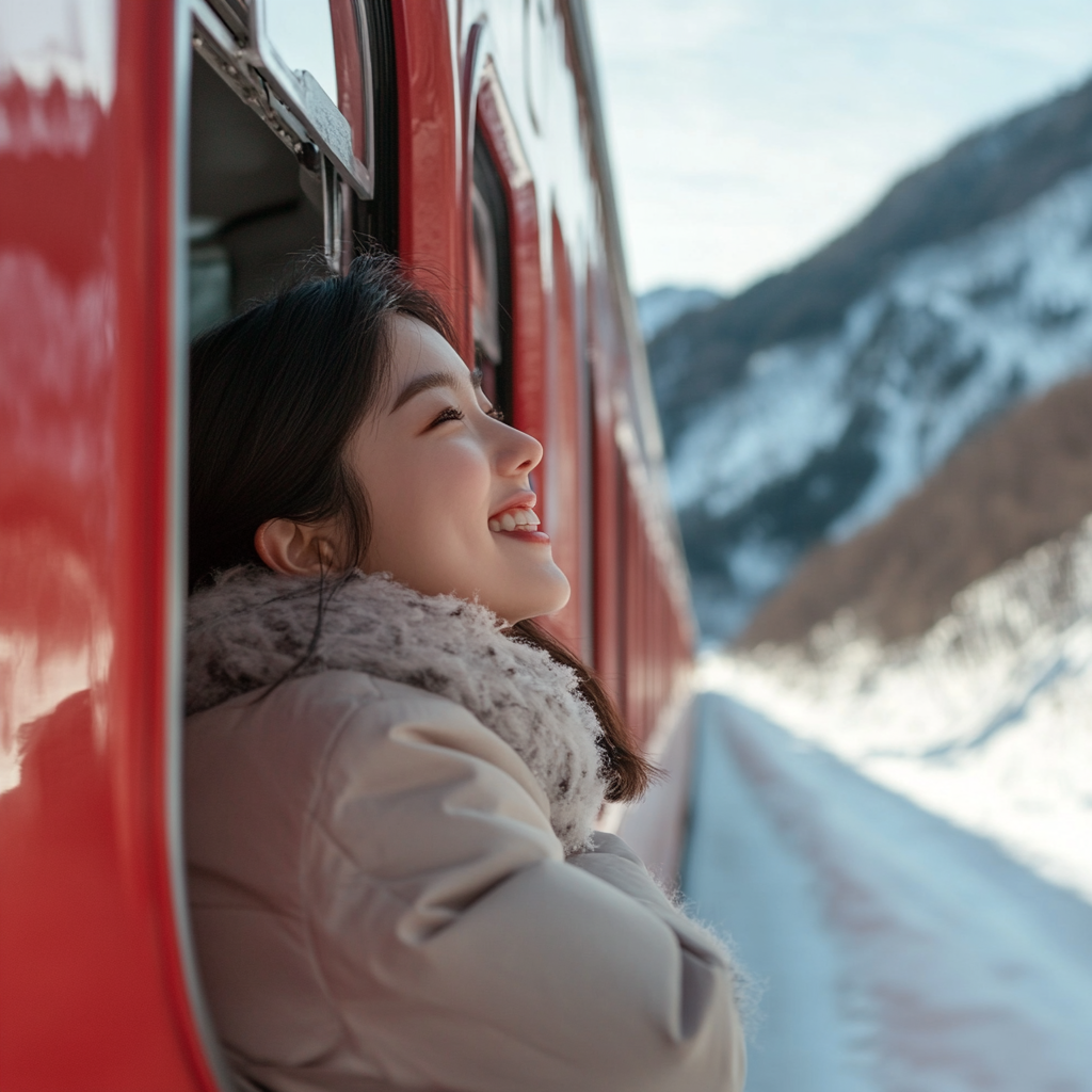 A Korean girl on a red train