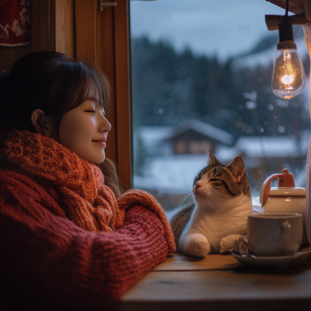 A Korean woman's cozy winter cabin scene