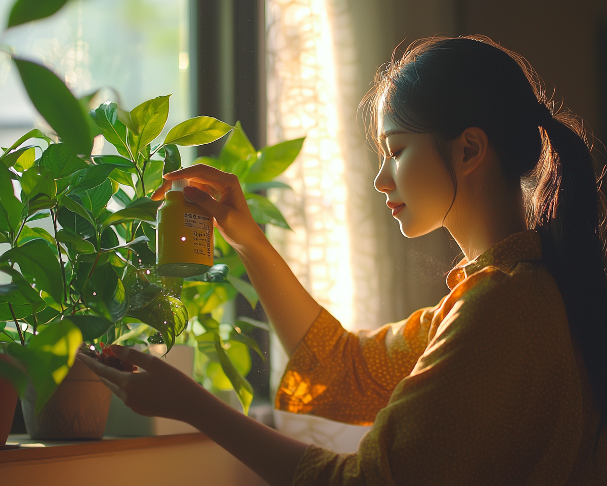 A Korean woman spraying plant in cozy home