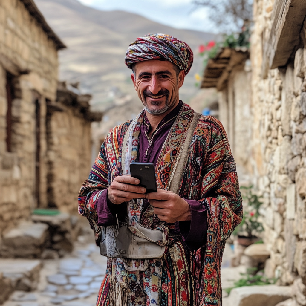 A Kurdish Man in Traditional Village with Phone