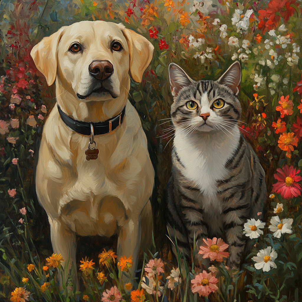 A Labrador and Cat in Flowery Garden Painting