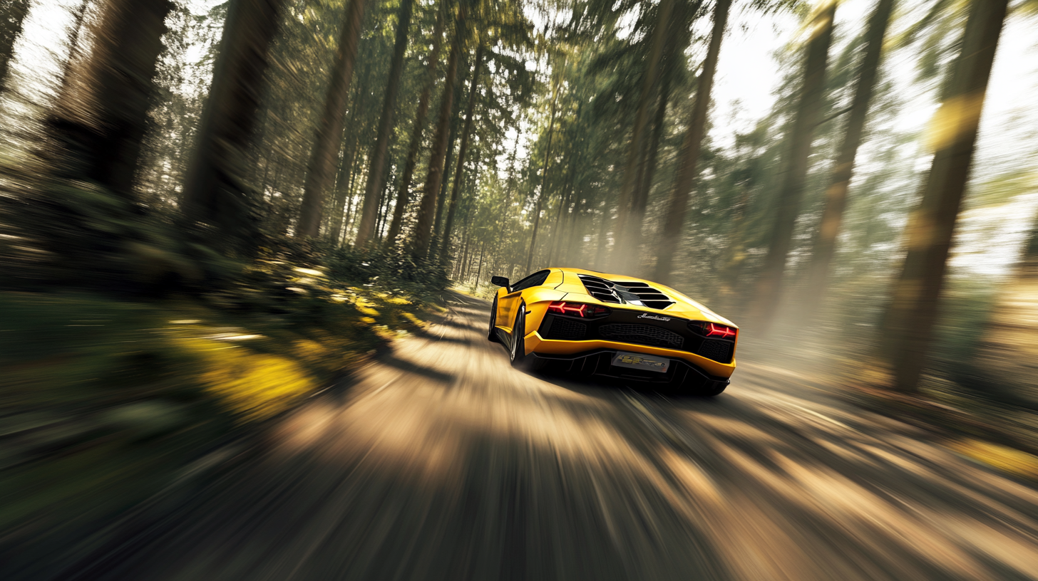 A Lamborghini Speeding Through a Spring Forest Hill