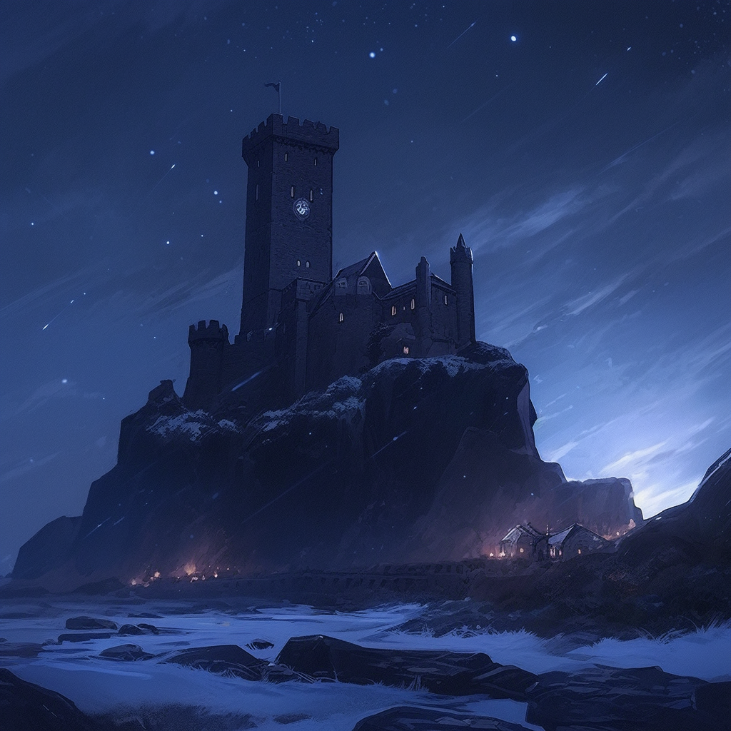 A Large Castle on Scottish Isles at Night