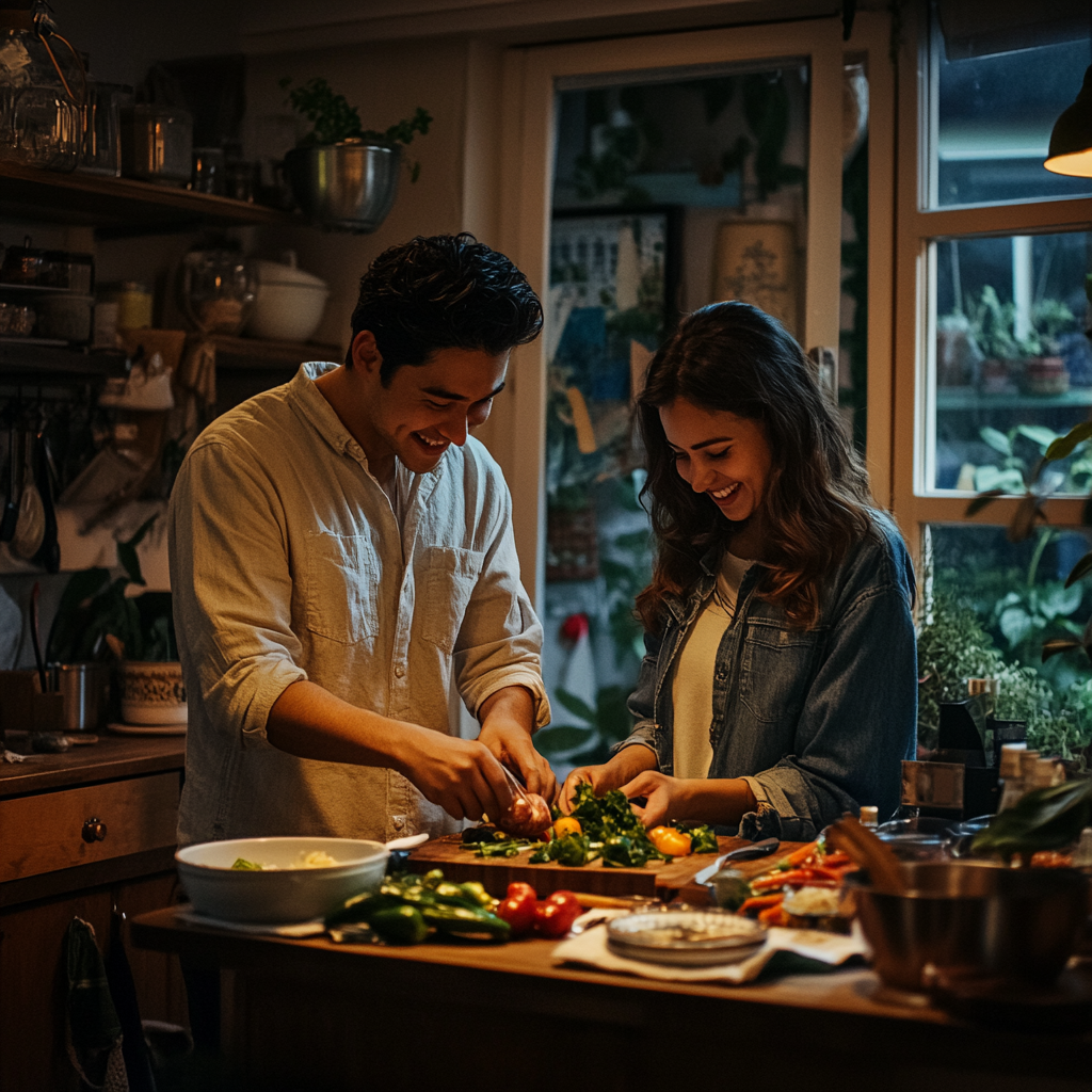 A Latin American couple in kitchen share emotions