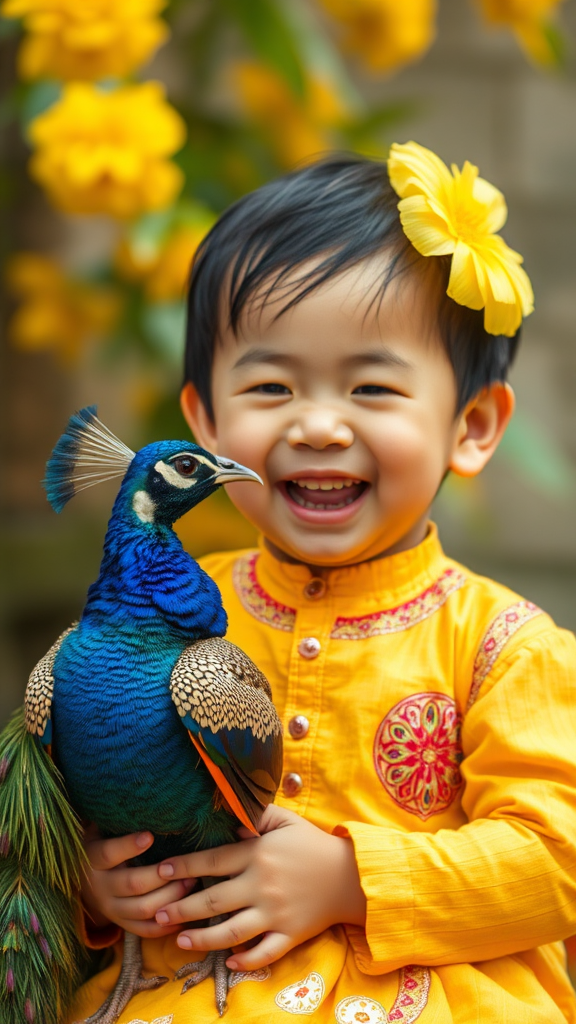 A Laughing Asian Child with Small Peacock