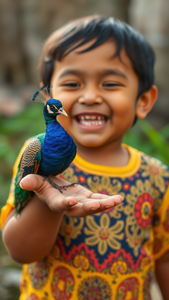 A Laughing Asian Child with Smallest Peacock