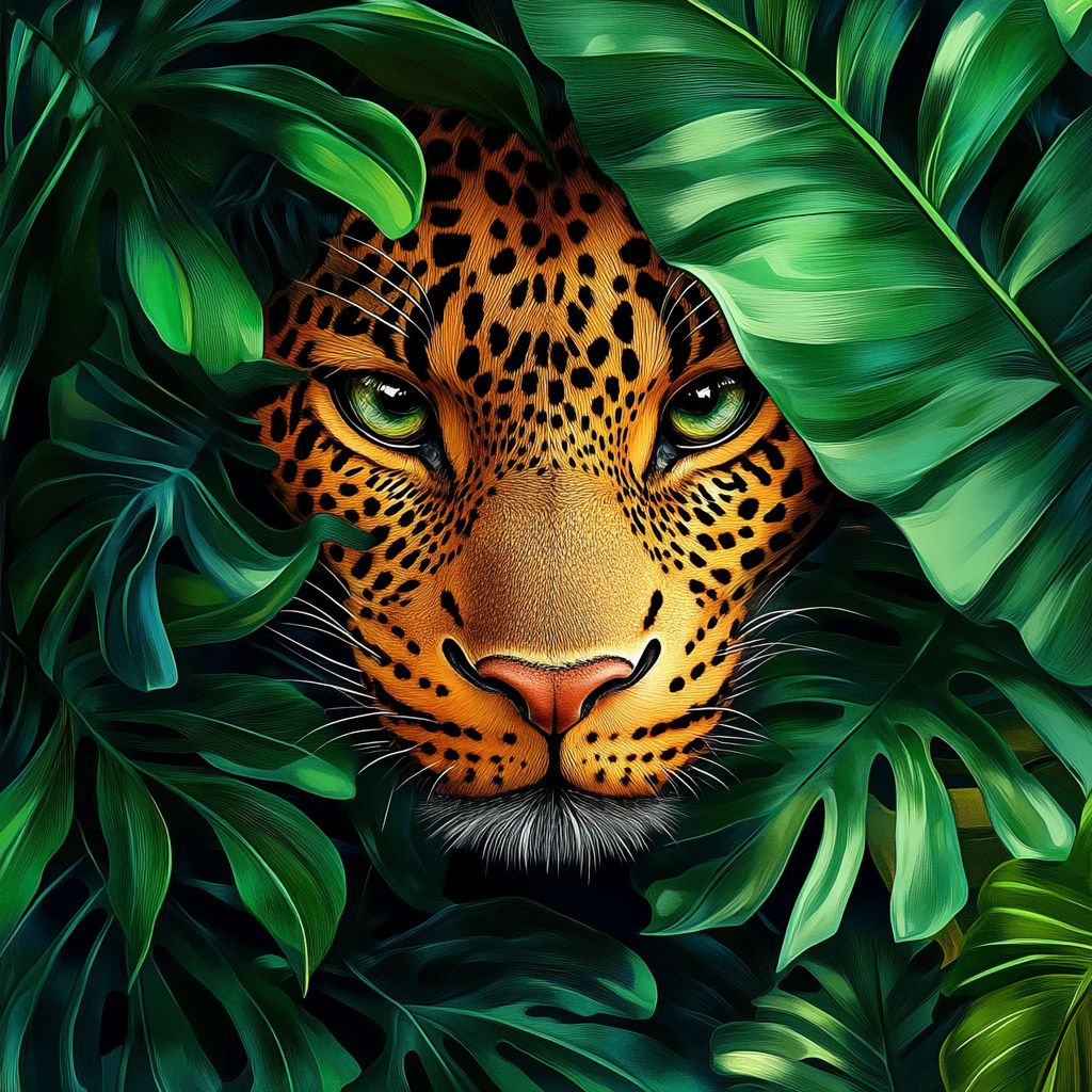 A Leopard Peeking Through Green Tropical Leaves