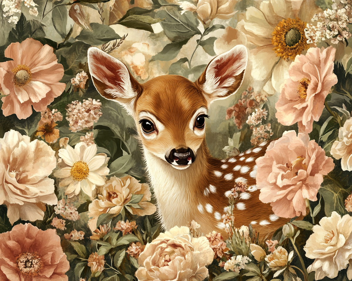 A Little Deer Among Beautiful Blooming Flowers