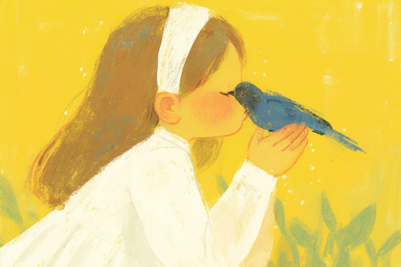 A Little Girl Kisses Blue Bird Painting