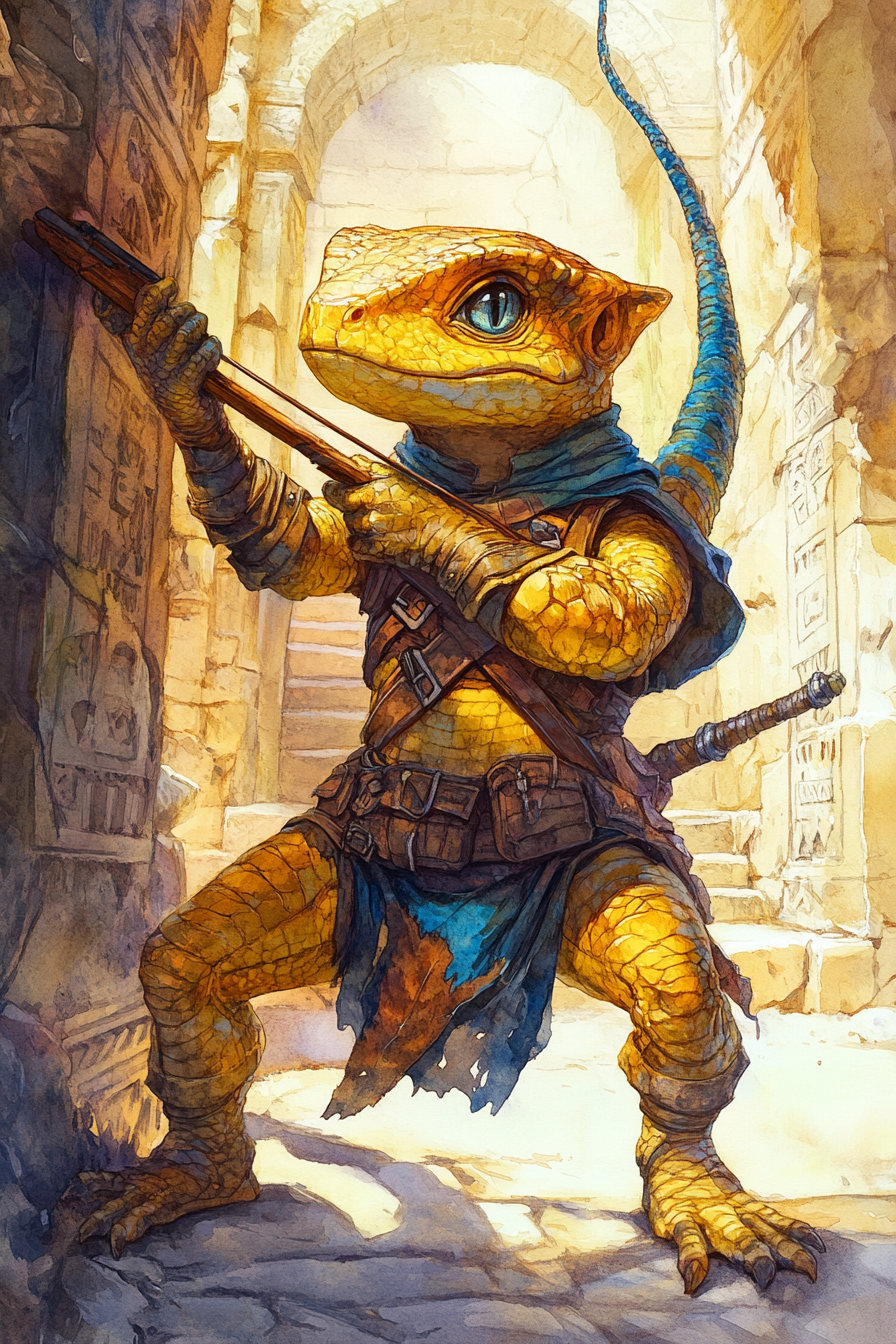 A Lizard Rogue in Aztec Ruins with Slingshot