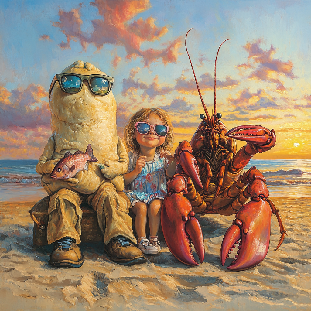 A Lobster, Dough, and Girl on Beach Sunset