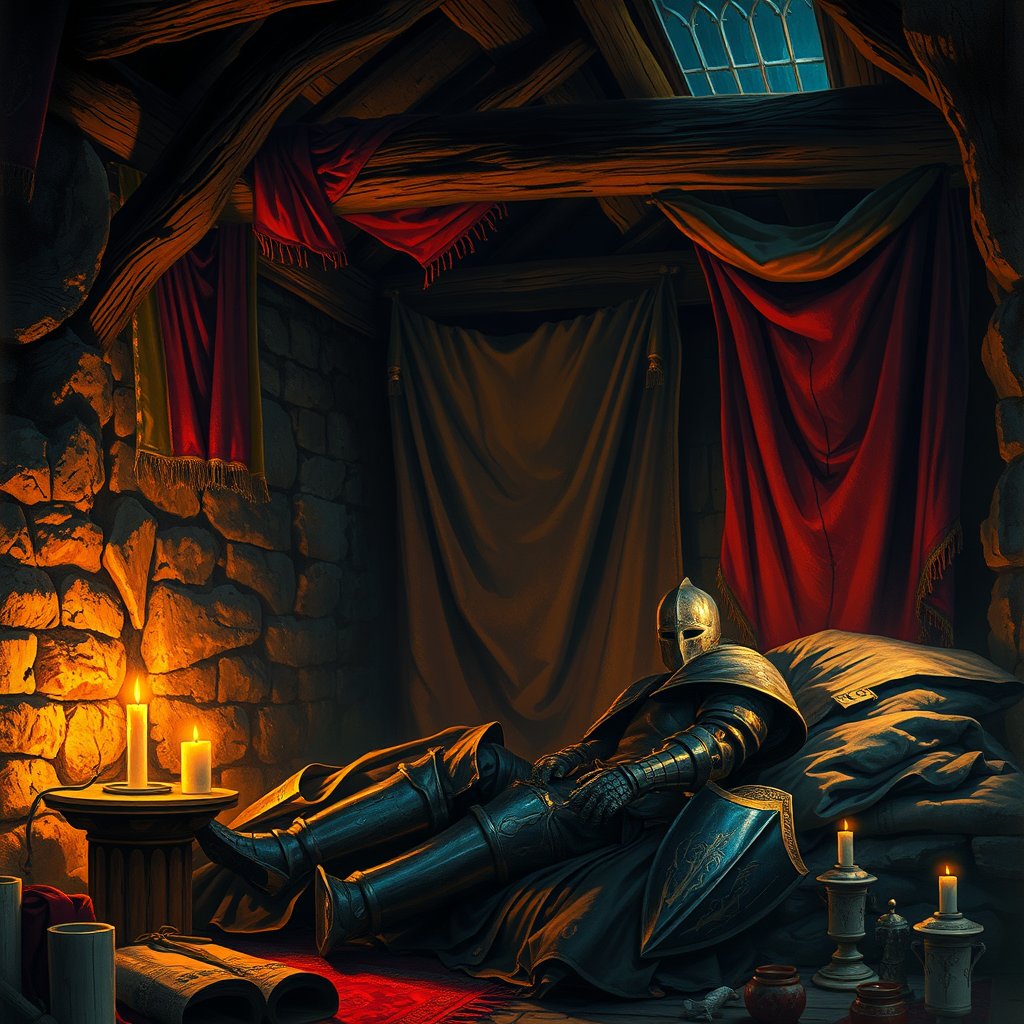 A Lone Knight Resting in Candlelit 1970s Fantasy Chamber