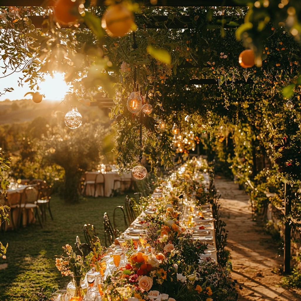 A Lovely Garden Party at Sunset with Flowers