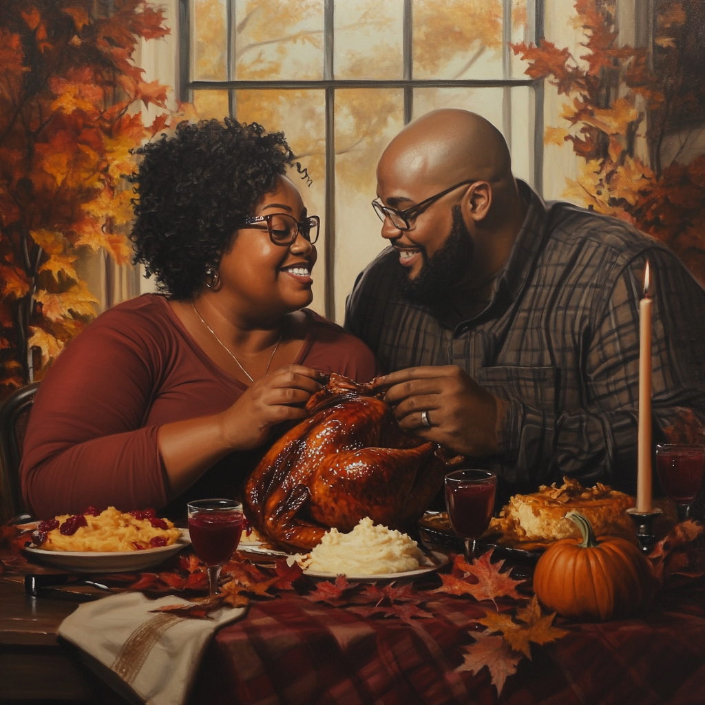 A Loving Thanksgiving Moment: African American Couple Feasting