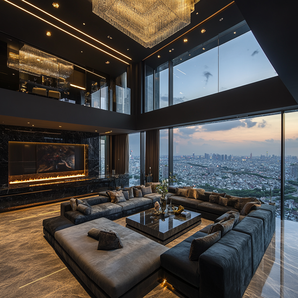 A Luxurious Living Room Overlooking Cityscape