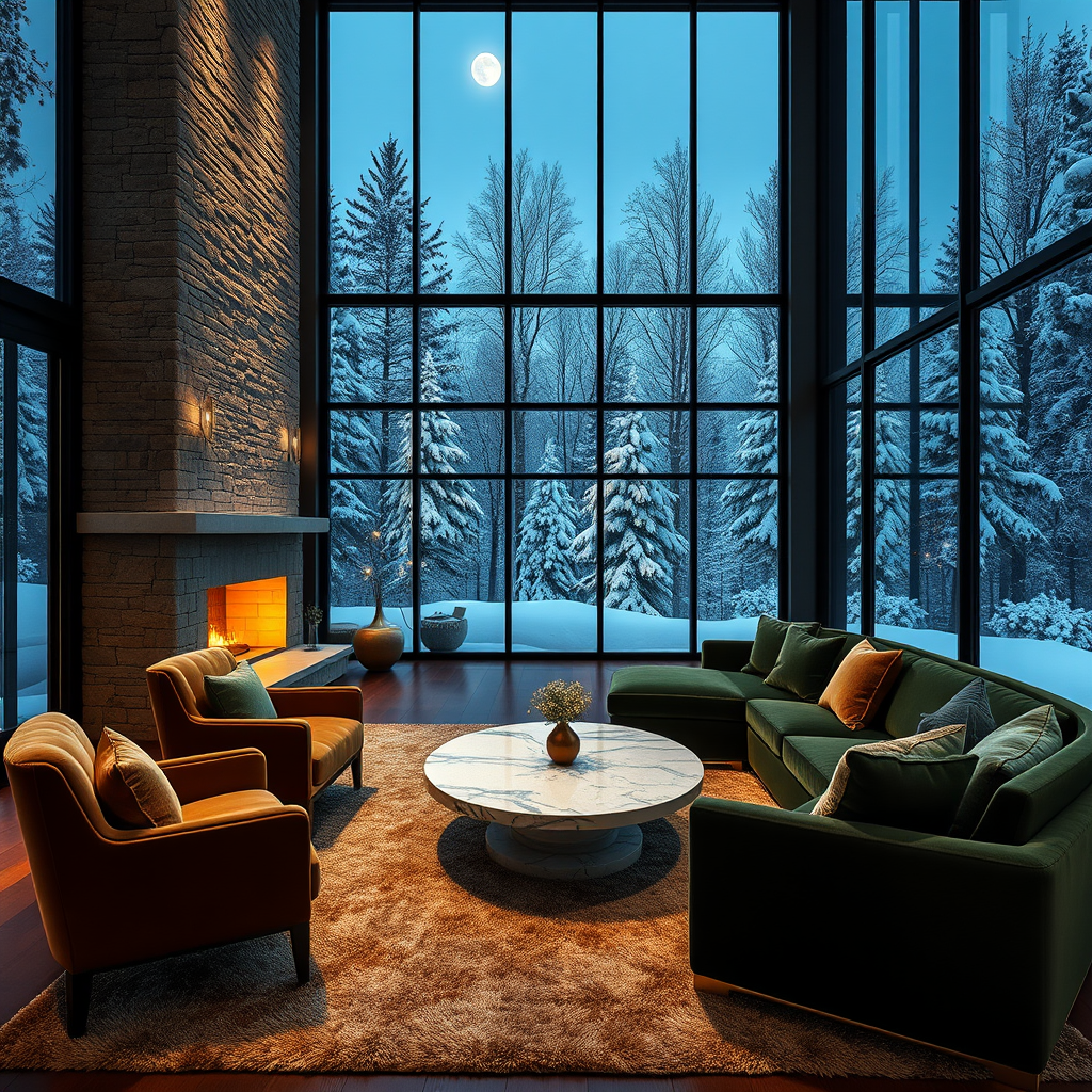 A Luxurious Living Room Overlooking Snowy Forest Night